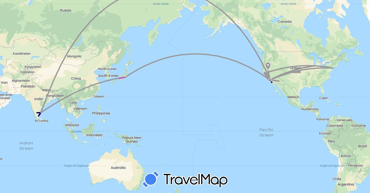 TravelMap itinerary: driving, plane, train in India, Japan, United States (Asia, North America)